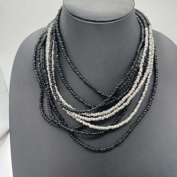 Rose Augustino Multi-Strand Beaded Layered Necklace Black and Silver Tone - Picture 2 of 6